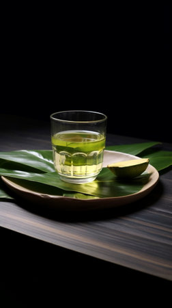 Generative AI : Pandan tea and leaves piles in small glass pitcher with green notebookの素材
