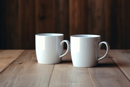 Generative AI : Two white cup with heart pattern on wooden tableの素材