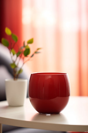 Generative AI : Red moka pot and cofee glass cup on wooden table with plant potの素材