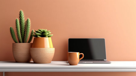 Generative AI : Red coffee cup with side view laptop and plant pot on wooden tableの素材