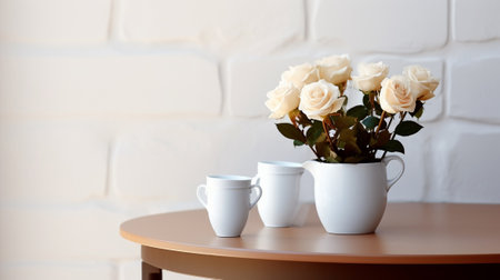 Generative AI : White tea cup and roses vase on wooden tableの素材