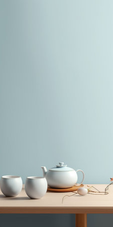 Generative AI : White tea cup and tea pot on wooden table minimal interiorの素材