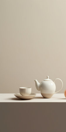 Generative AI : White tea cup and tea pot with plant on wooden table minimal interiorの素材