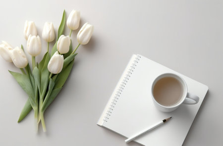 Generative AI : White coffee cup and notebook whit flower and heart decorationの素材
