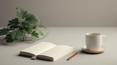 Generative AI : White cup with plant and notebooksの素材