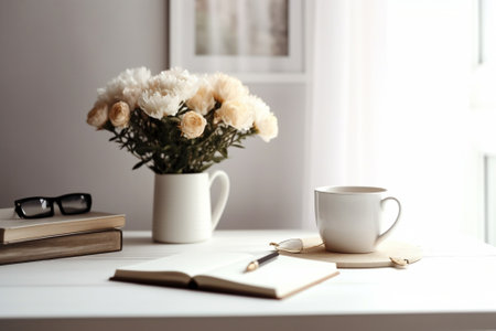 Generative AI : White cup with flower and notebooks on wooden tableの素材