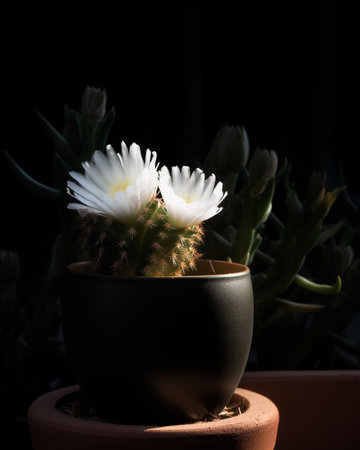 Generative AI : coffee glass cup and white cactus flower in a black pot on wooden table with notebookの素材