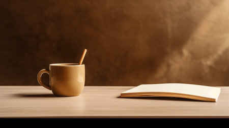 Generative AI : Tea in clay ceramic cup and notebooks and silver pen on wooden tableの素材