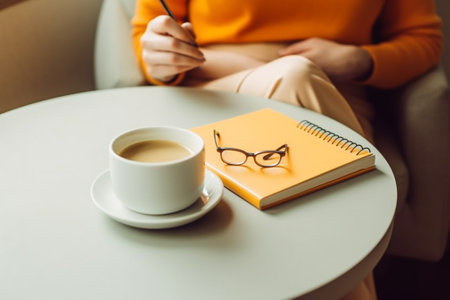 Generative AI : Yellow coffee cup and orange notebook and Mini Turtle Plantの素材