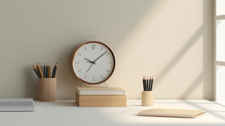 Generative AI : White clock and notebook on wooden tableの素材
