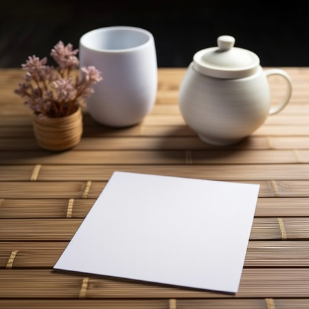 Generative AI : White tea kettle and white cup with notebook and pencil on wooden table outdoor viewの素材