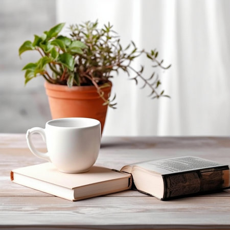 Generative AI : notebook and white coffee cup with red plant Nerve plant in small cup pot on wooden table at outsideの素材