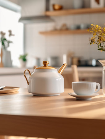 Generative AI : white tea cup with white teapot on wooden tableの素材