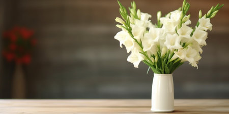 Generative AI : white wild orchid plant flower close up with wooden table surfaceの素材