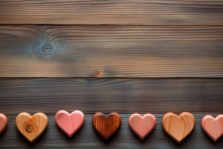 Generative AI : Hearts on white wood backgroundの素材