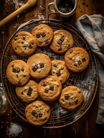 Generative AI : homemade chocolate chip cookies on rackの素材