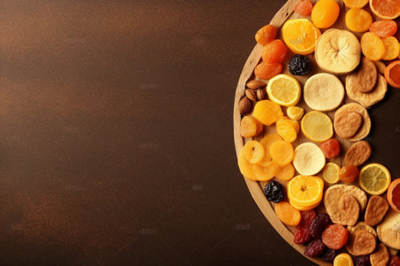 Generative AI : mix dried fruit in wooden bowl healthy snackの素材
