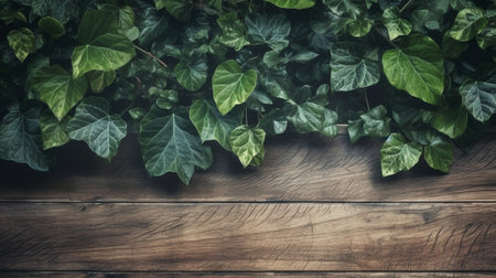 Generative AI : natural wooden board texture with burred green leavesの素材