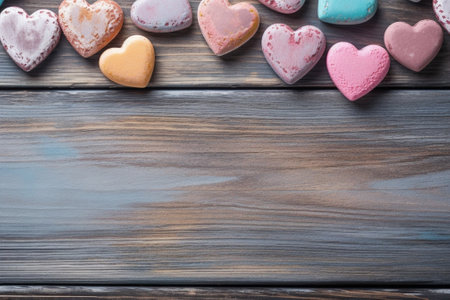 Generative AI : sweet heart shape of marshmallows on wooden backgroundの素材