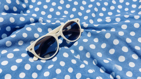 Generative AI : folded light blue polkadot linen shirt with sunglasses on white wooden table backgroundの素材
