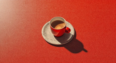 Generative AI : red cup of coffee with dried yellow flowers on denim background Flat lay top viewの素材