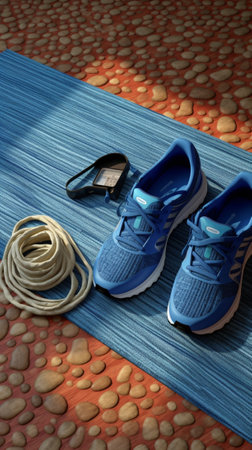 Generative AI : pair of blue sneakers on wooden backgroundの素材