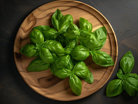 Generative AI : sweet basil in a bowl on wooden tableの素材