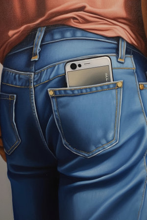Generative AI : white screen smart phone in pocket of blue jeansの素材