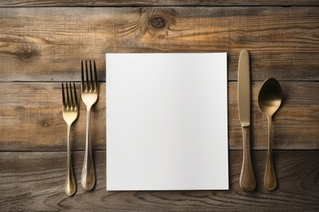 Generative AI : Cutlery with white linen napkin on wooden table backgroundの素材