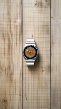 Generative AI : Clock on wooden on wooden backgroundの素材