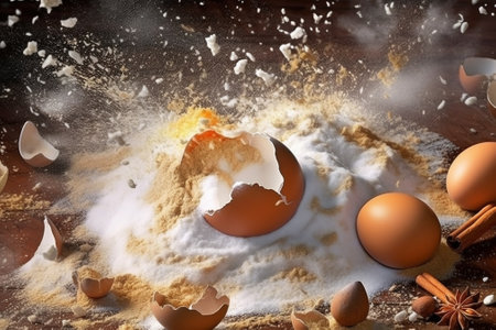 Generative AI : eggs on flour background basic baking backgroundの素材