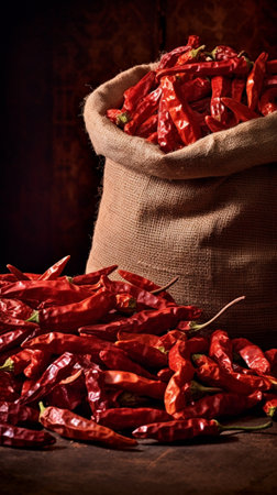 Generative AI : dried red chili in plastic bag for retail sale in local marketの素材