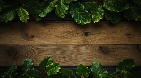 Generative AI : natural wooden board texture with burred green leavesの素材