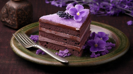 Generative AI : a piece of chocolate layer cake with open book and purple flowersの素材
