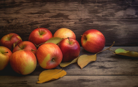 Generative AI : red apples on wooden backgroundの素材