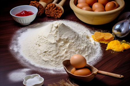 Generative AI : flour eggs rolling pin wooden spoon whisk kitchen utensil basic baking backgroundの素材