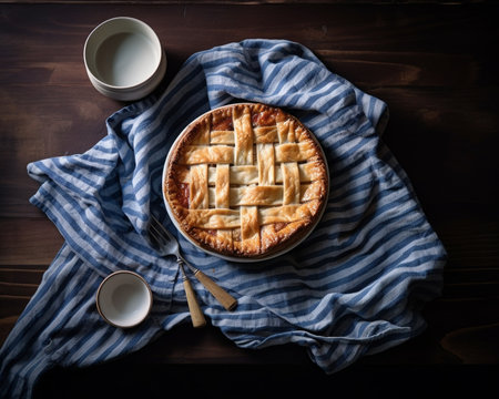 Generative AI : meat pie in plate on wooden tableの素材