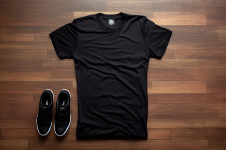 Generative AI : pair of black sneaker shoes on wooden backgroundの素材