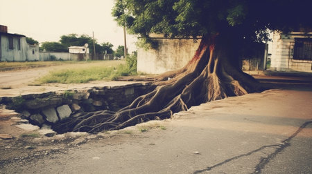 Generative AI : trees growing through crack in pavementの素材