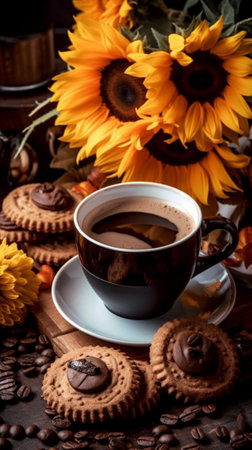 Generative AI : A cup of black coffee with smartphone and yellow flowersの素材