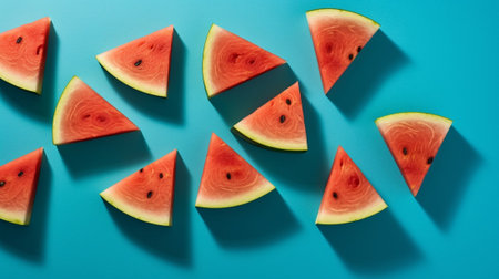 Generative AI : Flat lay top view Sliced watermelon on blue background Watermelon patternの素材