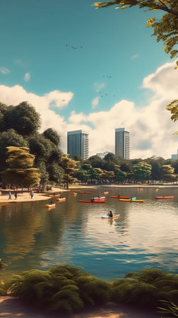 Generative AI : Lake view at urban parkの素材