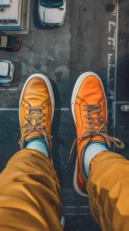 Generative AI : Feet in sneaker standing on pavement background top viewの素材