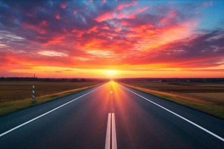 Generative AI : Nature landscape sunset light above asphalt roadの素材