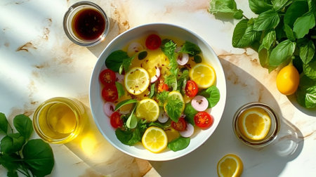 Generative AI : basic salad dressing made with olive oil lemon juice honey salt and black peppersの素材