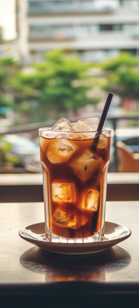 Generative AI : a glass of cold coffee with smart phone on wooden tableの素材