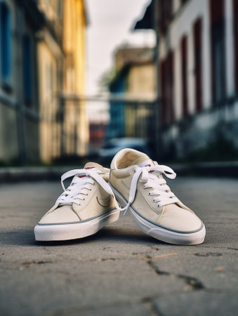 Generative AI : Pair of white sport shoes pair of white sneakers in paper shoes box on wooden table backgroundの素材