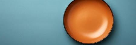 Generative AI : Top view of empty brown ceramic plate on wooden background with copy spaceの素材
