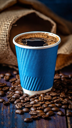 Generative AI : Paper cup of coffee to go and coffee beans on wooden tableの素材