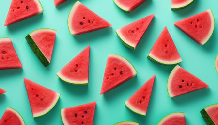 Generative AI : Flat lay top view Sliced watermelon on blue background Watermelon patternの素材